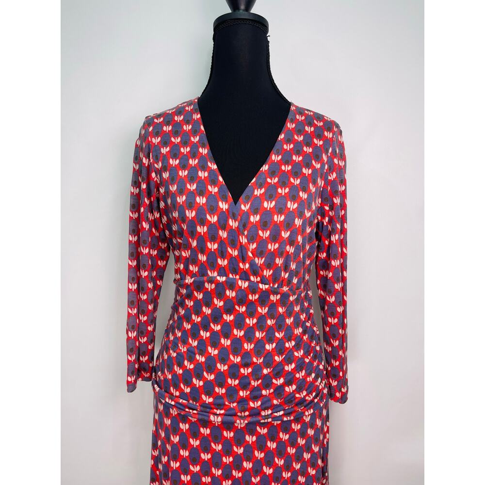 Boden Red & Navy Geometric Print Midi Dress Size 8R V-Neck Ruched Waist - Picture 3 of 10